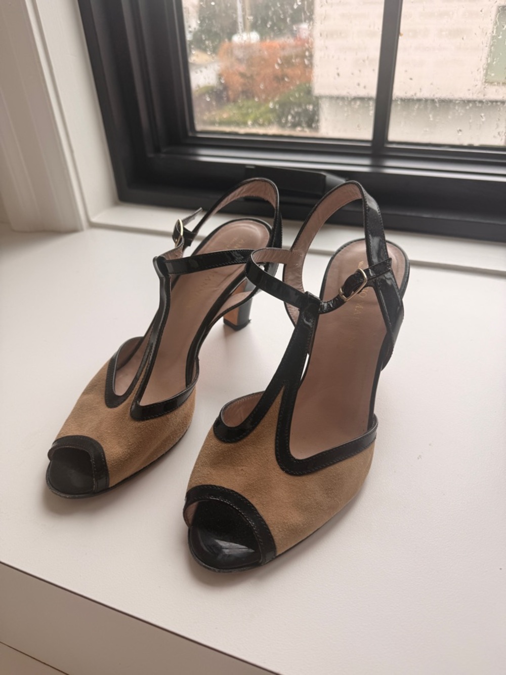 Brown Suede and Black Trim T-Strap Peep Toe Heels